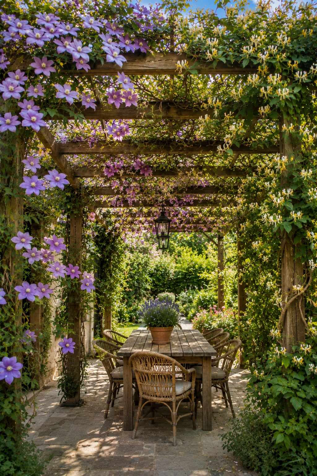 mixed climbing plants pergola garden idea