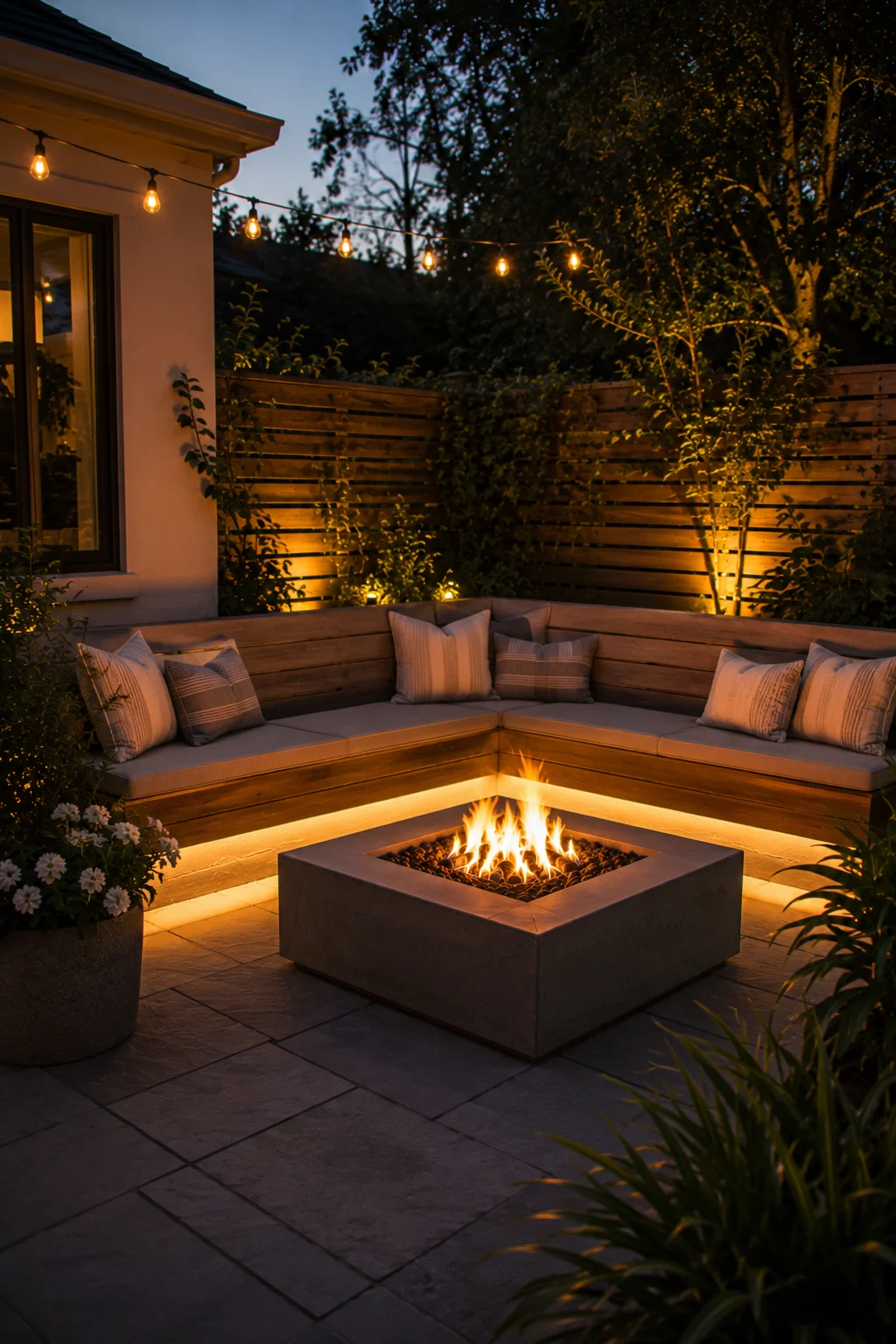 L-shaped bench corner fire pit seating idea