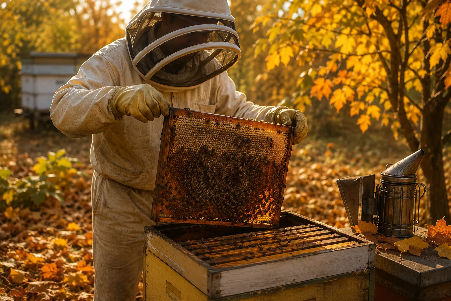 beekeeper checking autumn honey harvest frame weight