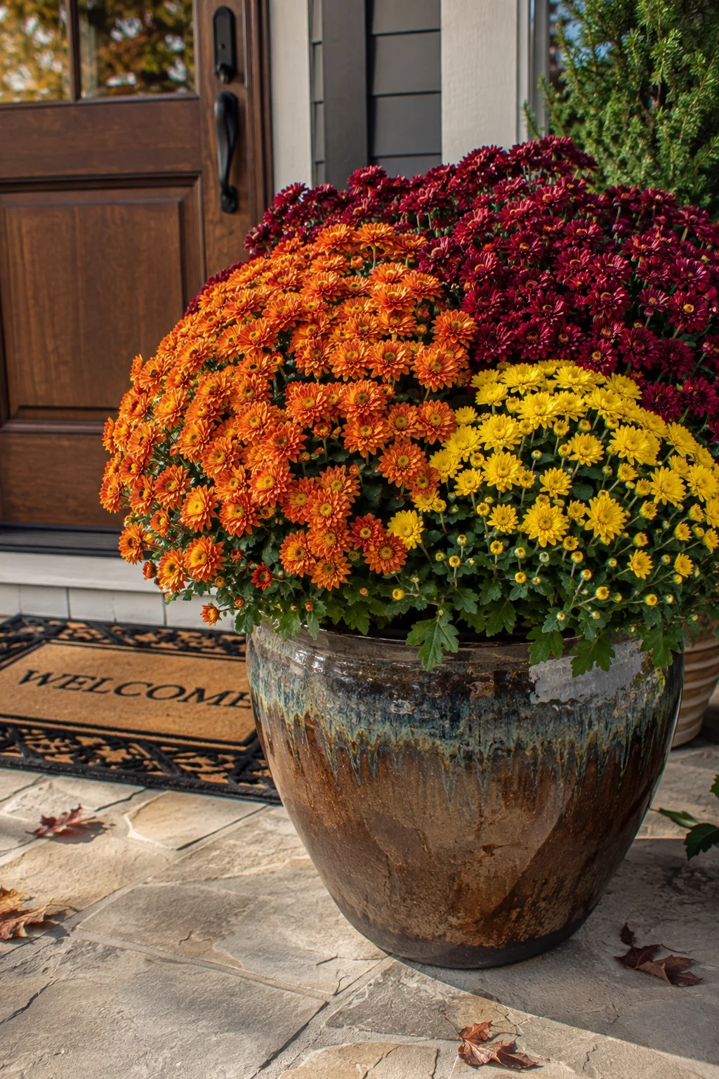 Layered mum container display for fall on a patio