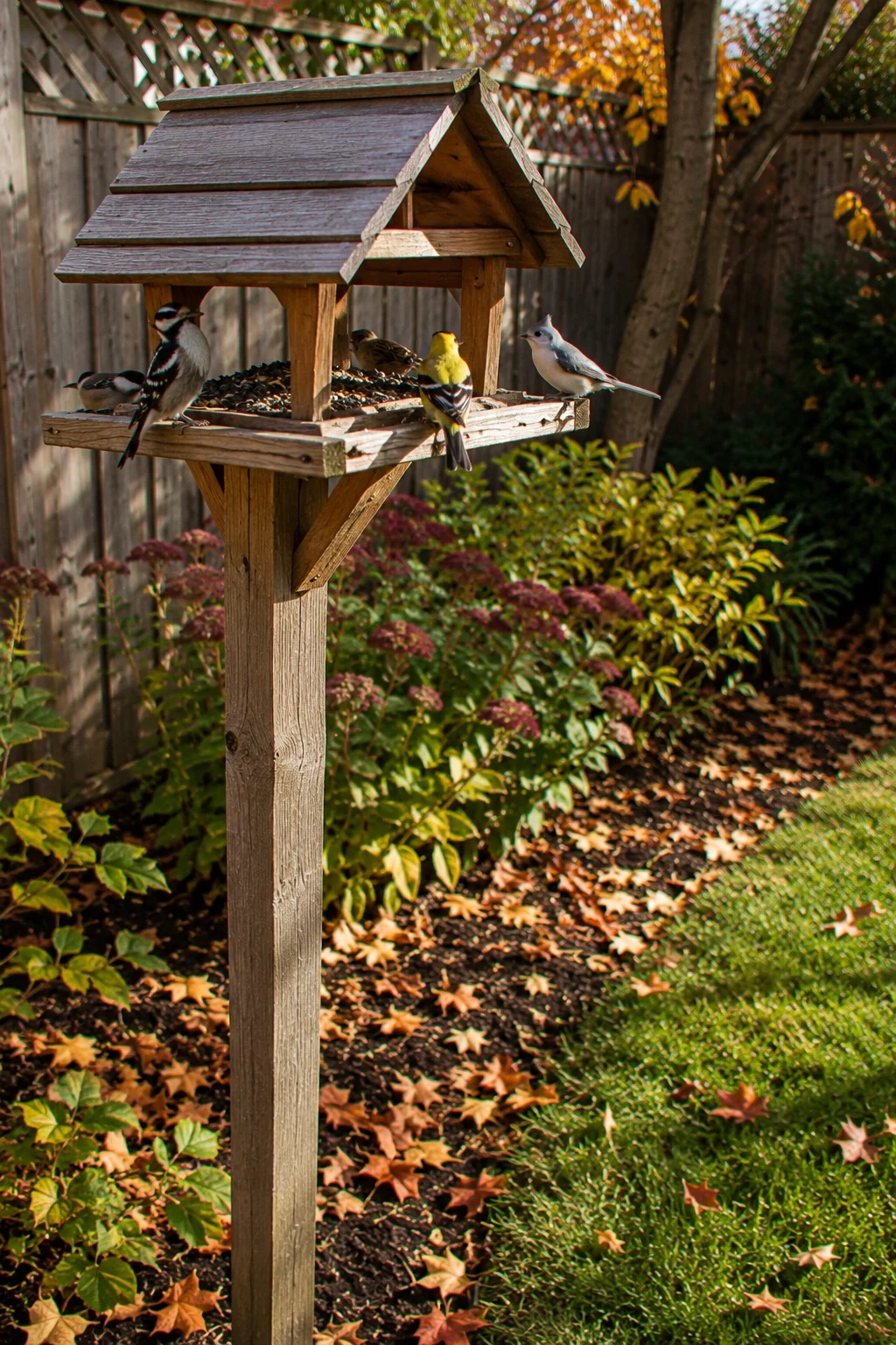Bird feeder station in a backyard fall garden