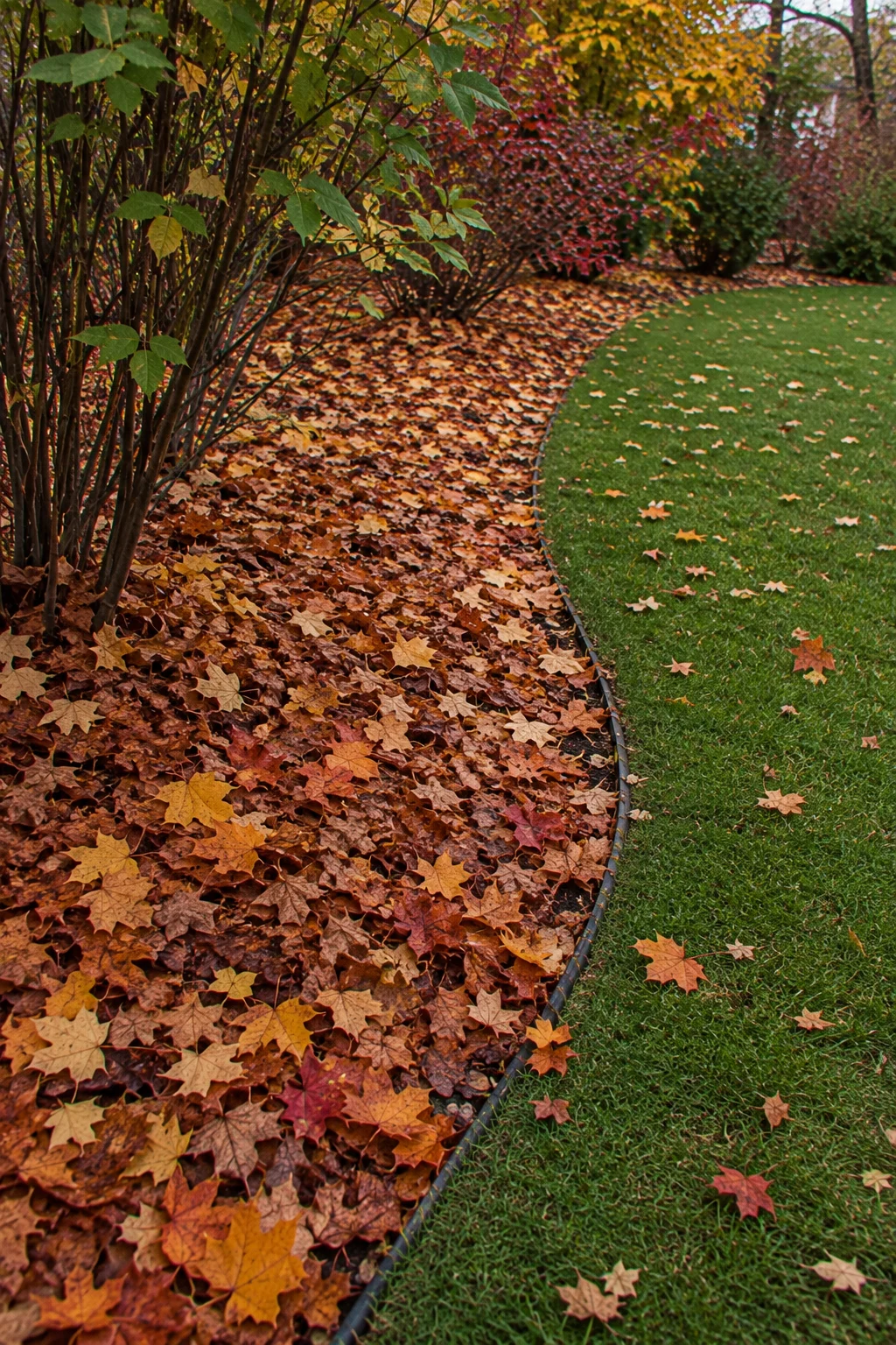 Leave-the-leaves zone providing winter wildlife shelter in a garden