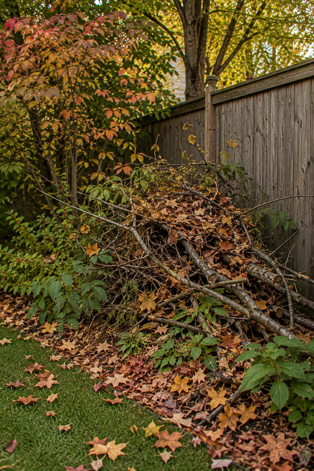 Brush pile habitat corner in a fall backyard garden