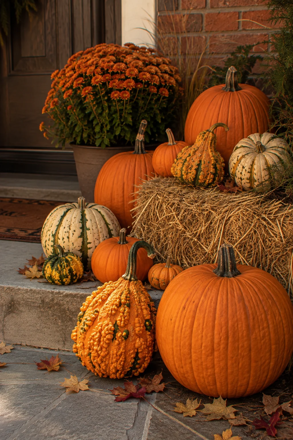 Pumpkin and gourd vignette displayed for fall near a doorway