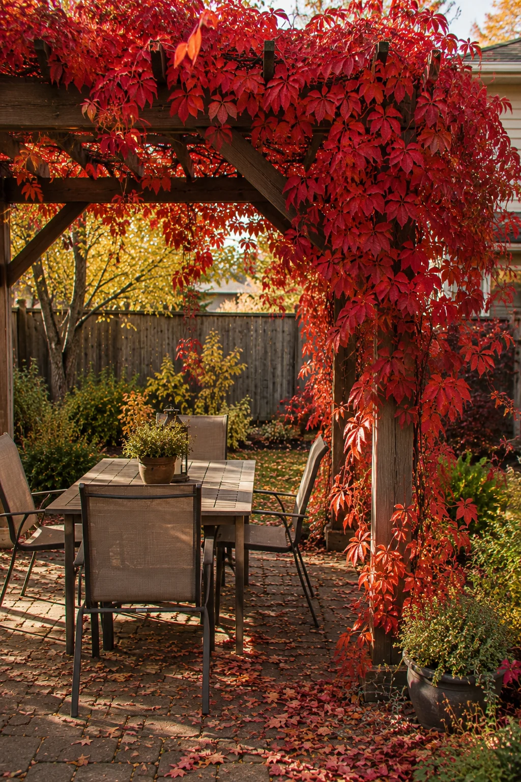 Pergola draped in red Virginia creeper vine in fall
