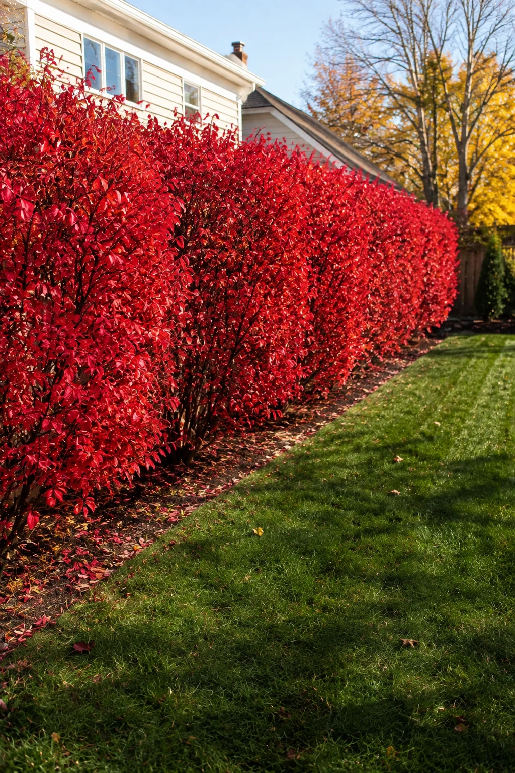 Burning bush hedge in scarlet fall color in a backyard