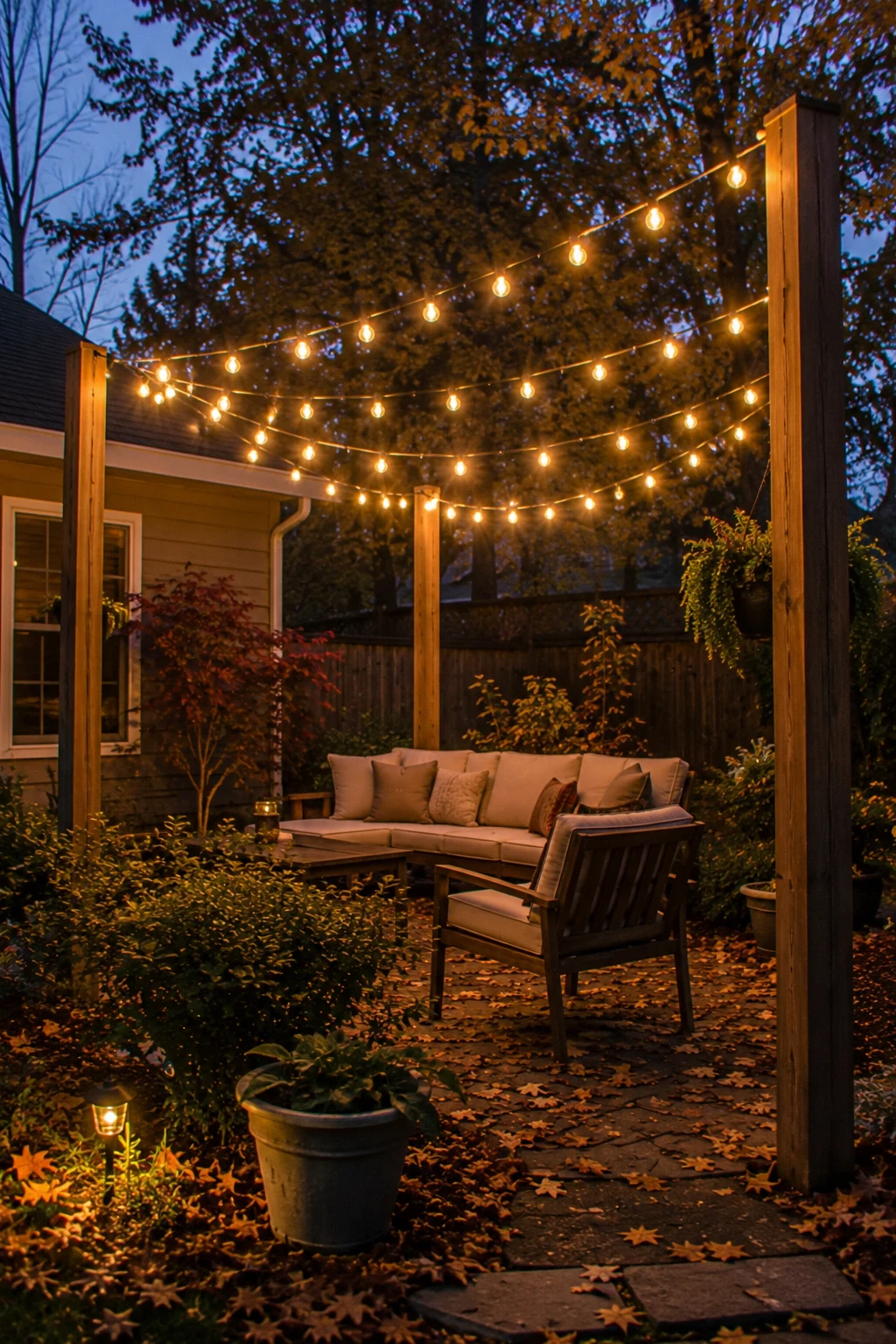 String light canopy over a patio in a fall garden