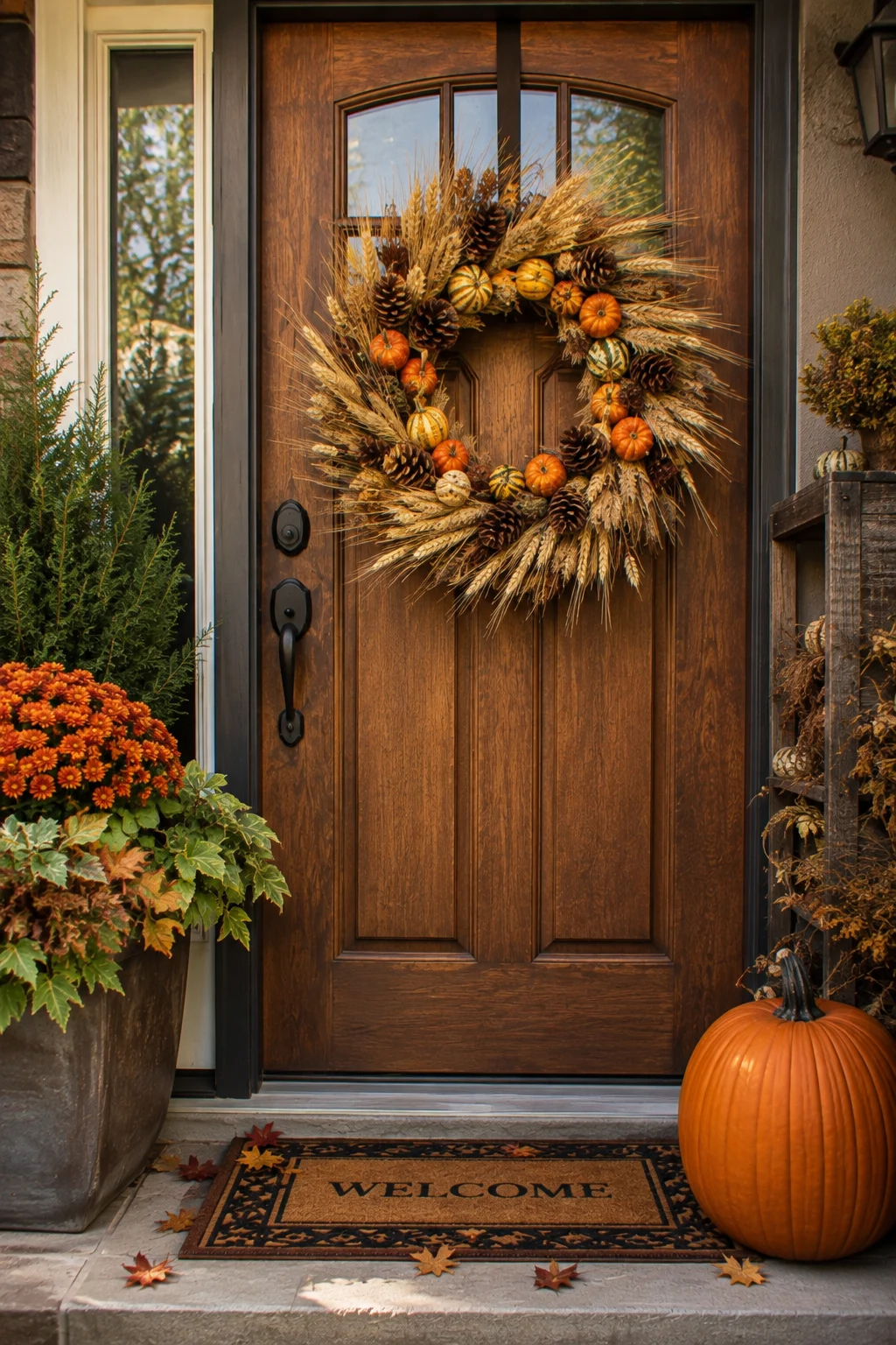Fall wreath with wheat and gourds hanging on a front door