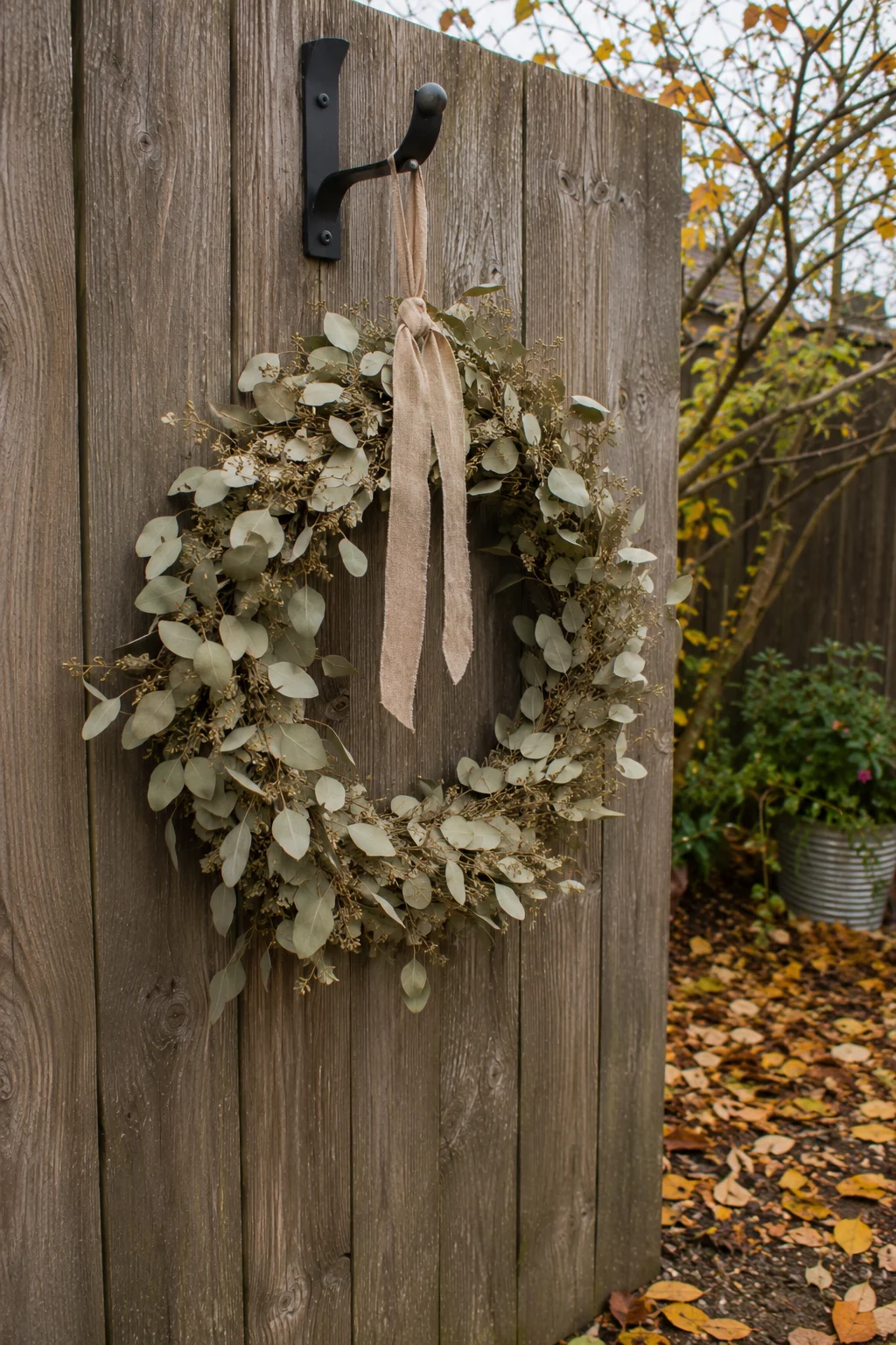 Dried eucalyptus wreath hanging from a hook on a backyard fence