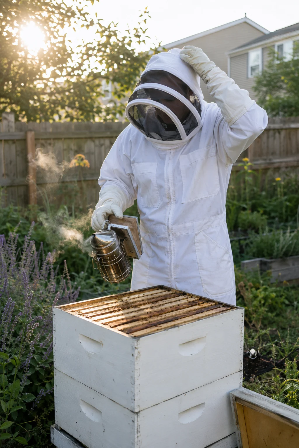 beginner beekeeper first hive inspection suit veil smoker Langstroth suburban backyard