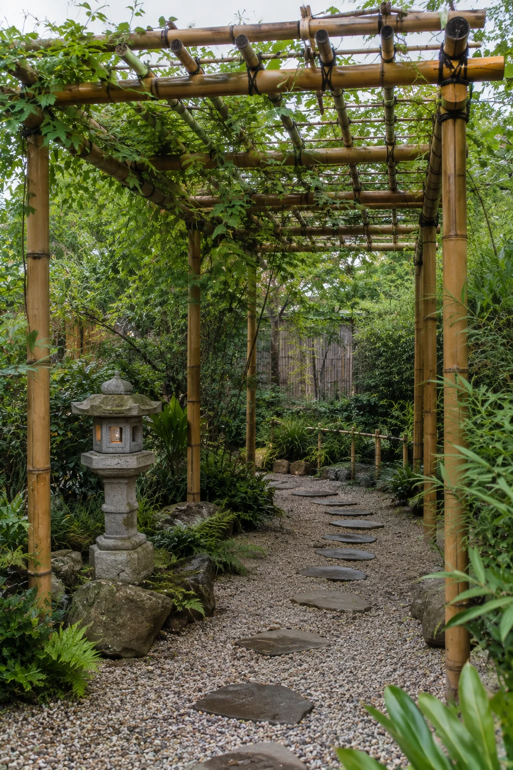 bamboo pergola zen garden idea