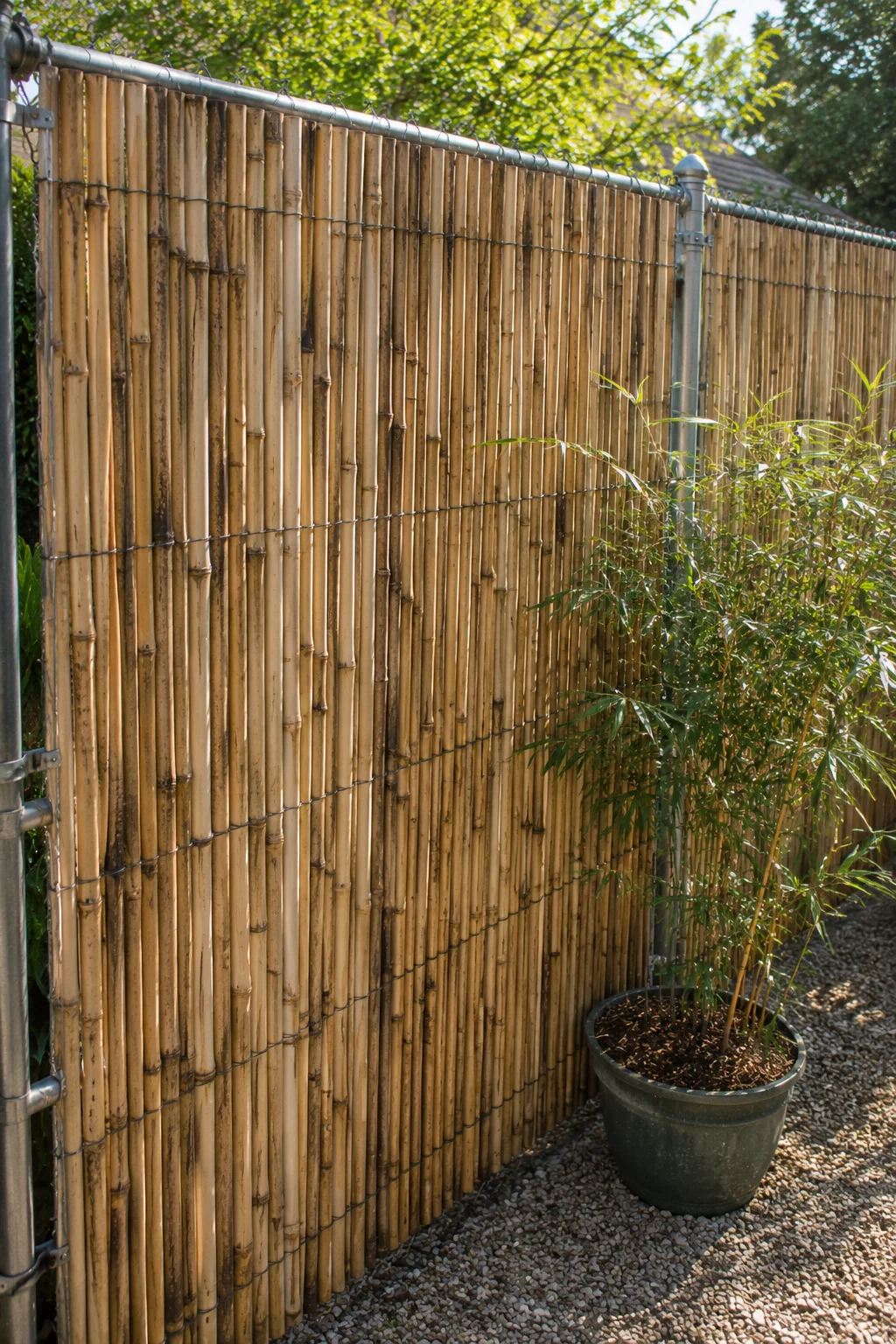 Bamboo screening roll attached to a chain-link backyard fence
