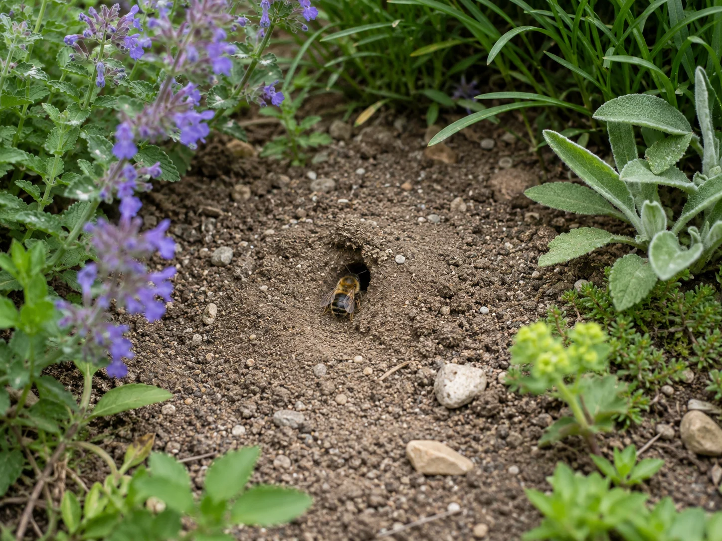 bare soil patch pollinator corridor ground nesting mining bee nest tunnel suburban garden habitat