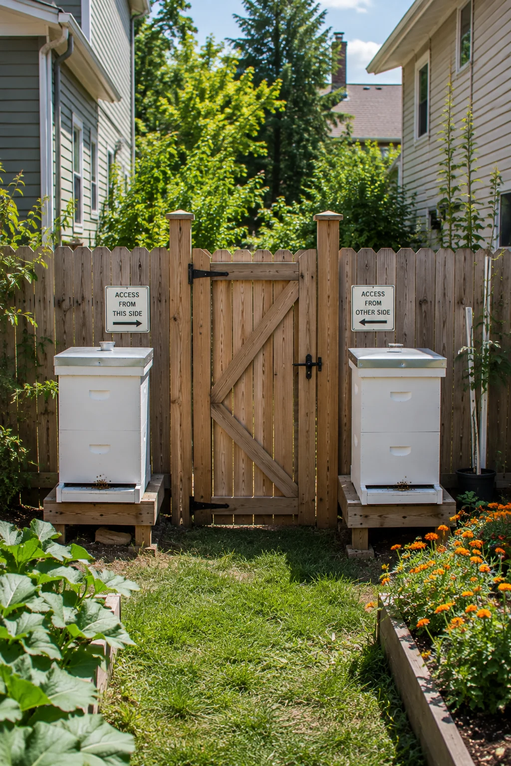 Shared community beehive apiary along a property line fence