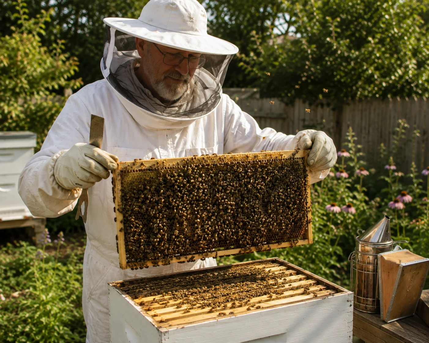 experienced beekeeper calm frame inspection full hive summer confidence relaxed posture