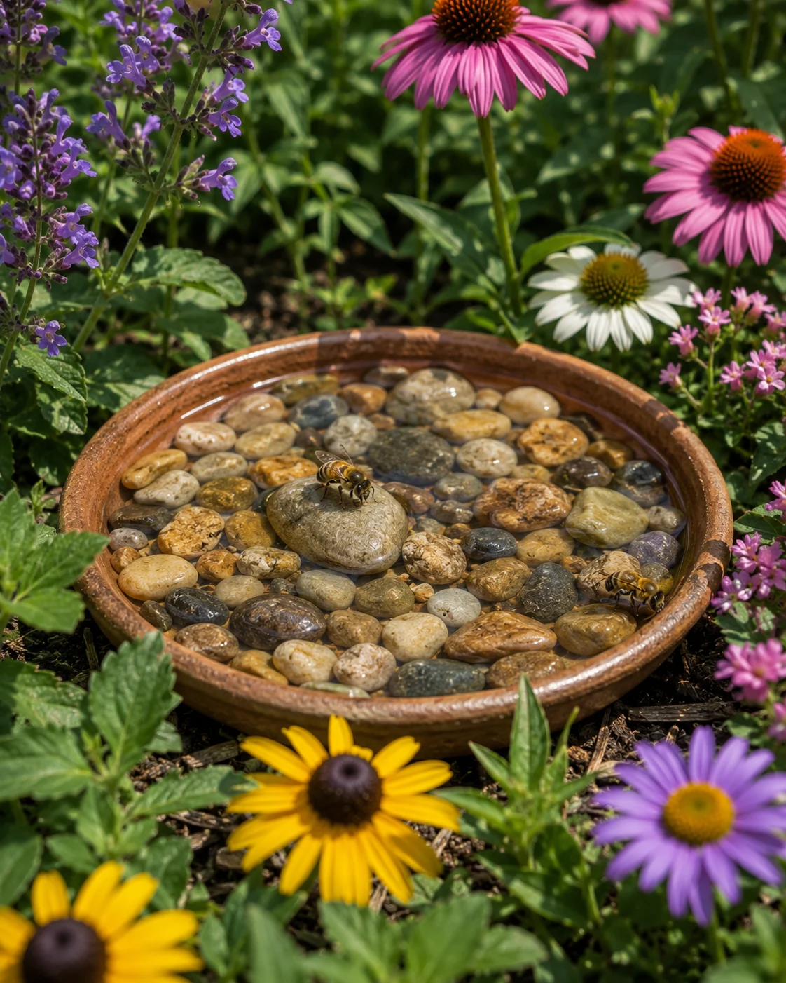 shallow bee watering station in pollinator friendly garden
