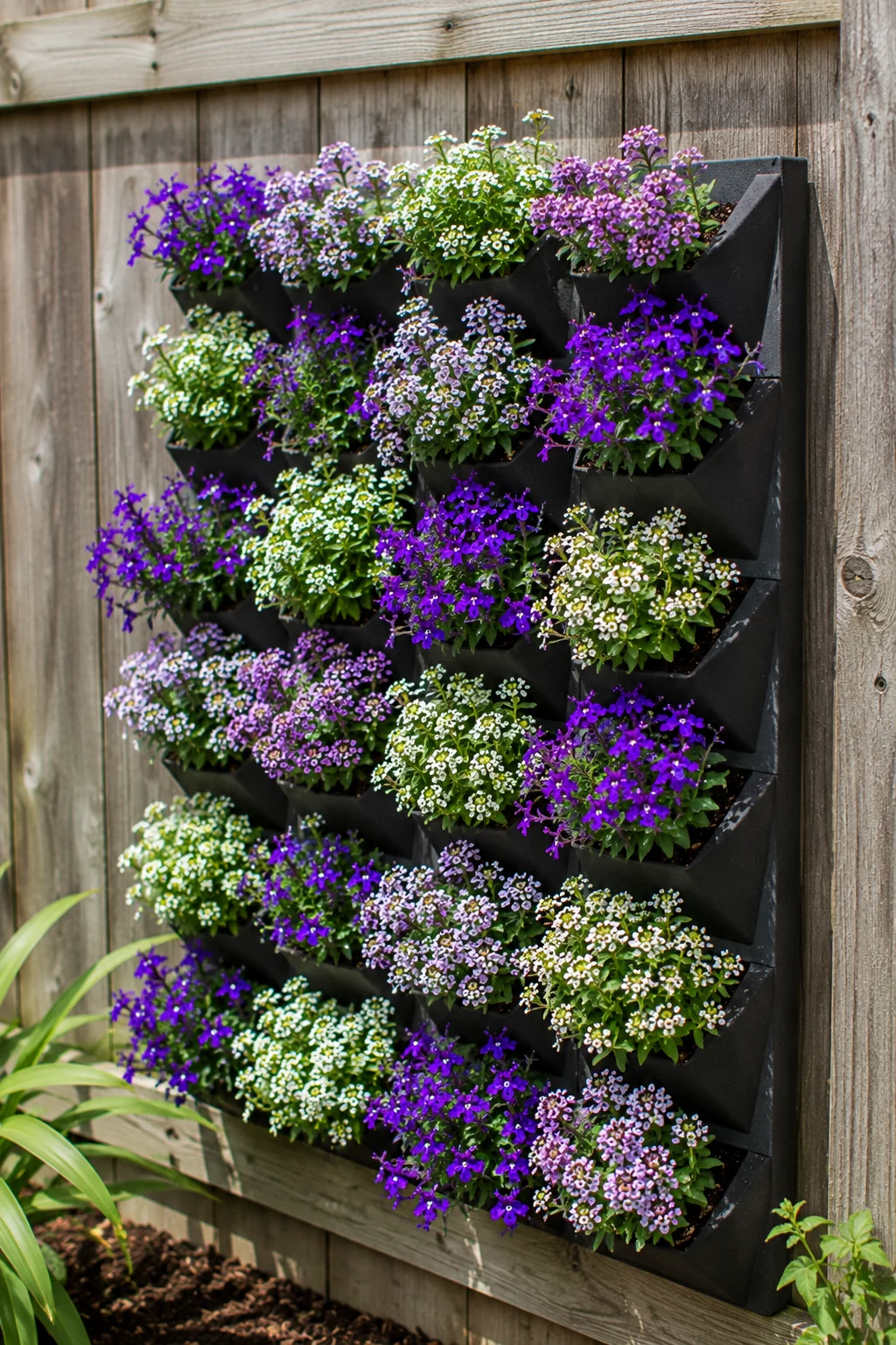 Vertical planting wall mounted on a fence for pollinators