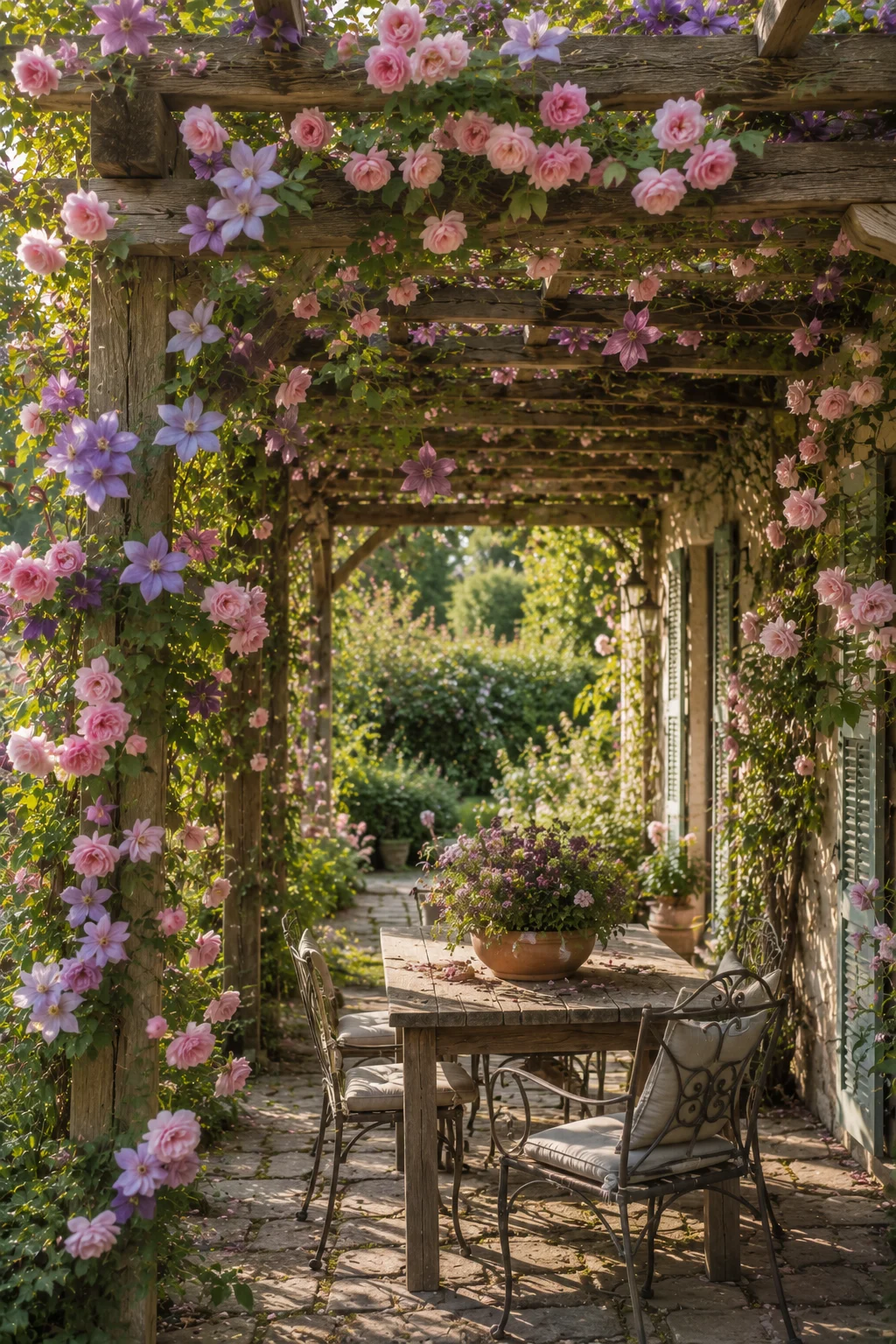 rose clematis cottage pergola garden idea