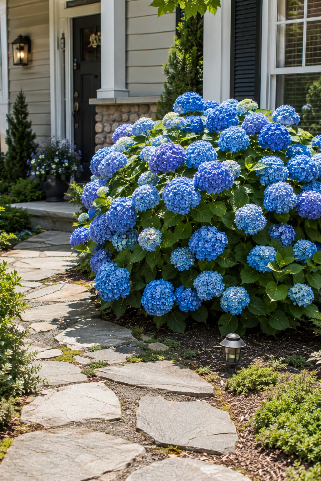 Flowering hydrangea shrub anchoring seasonal color in a front yard