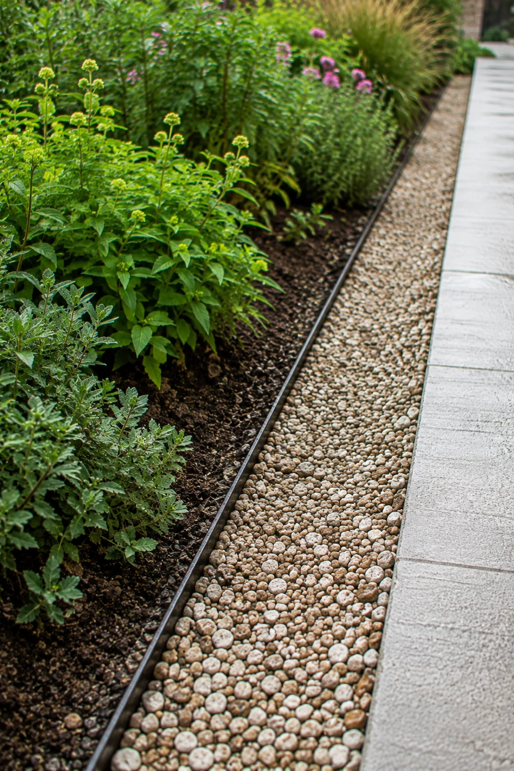 French drain gravel channel garden idea