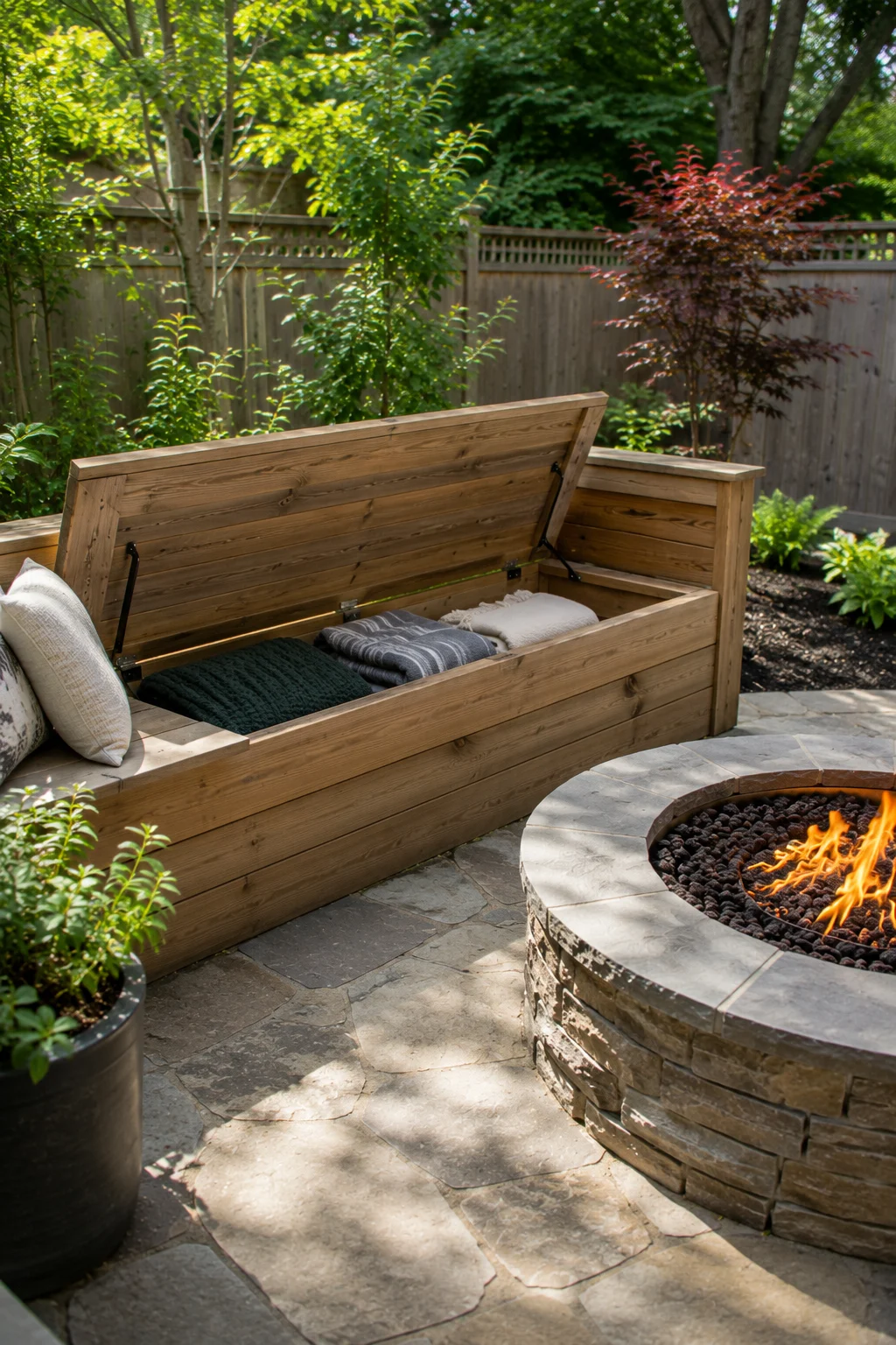 built in storage bench fire pit seating idea
