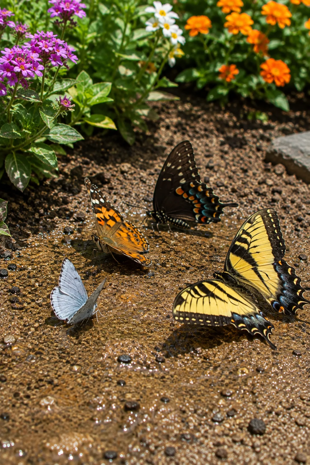 Butterfly mud puddling station in a backyard pollinator garden
