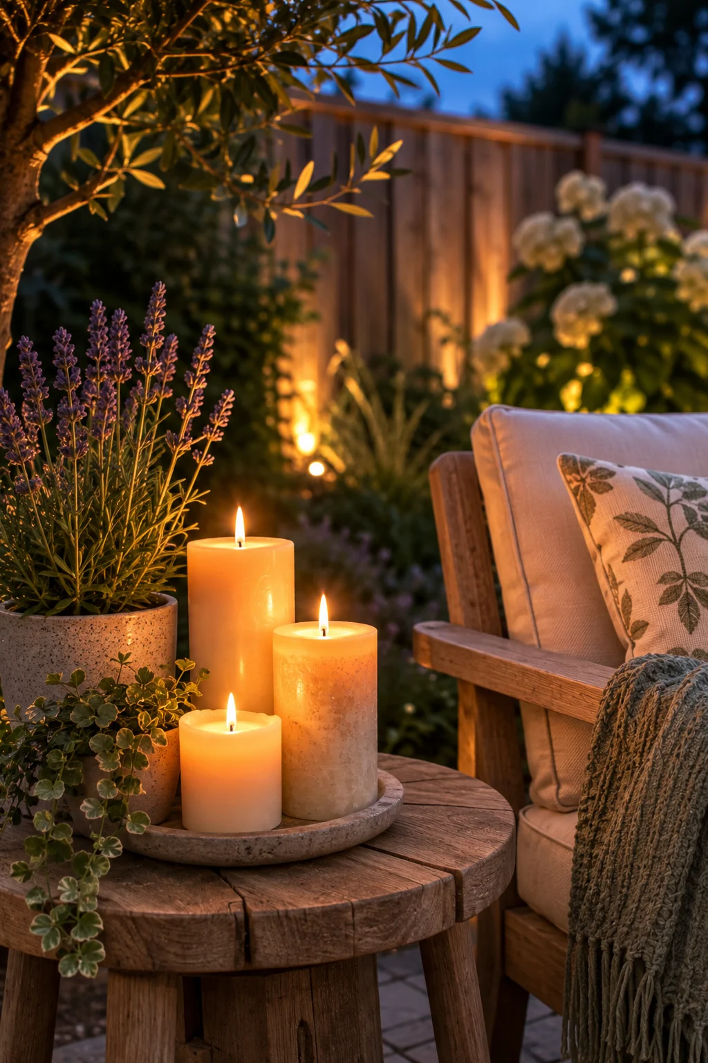 Candlelit side table nook in a quiet backyard retreat
