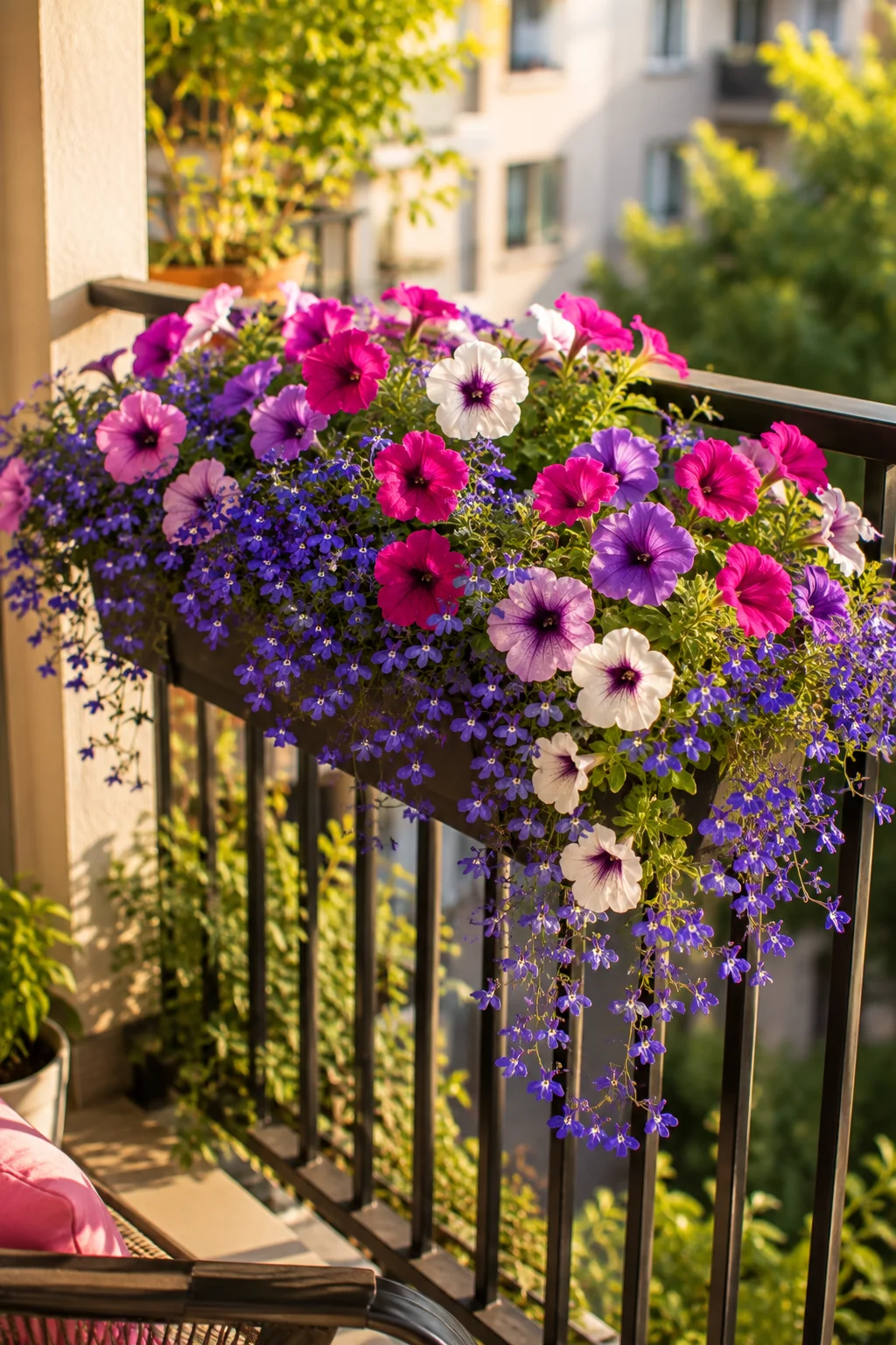 trailing flowers railing box balcony garden idea