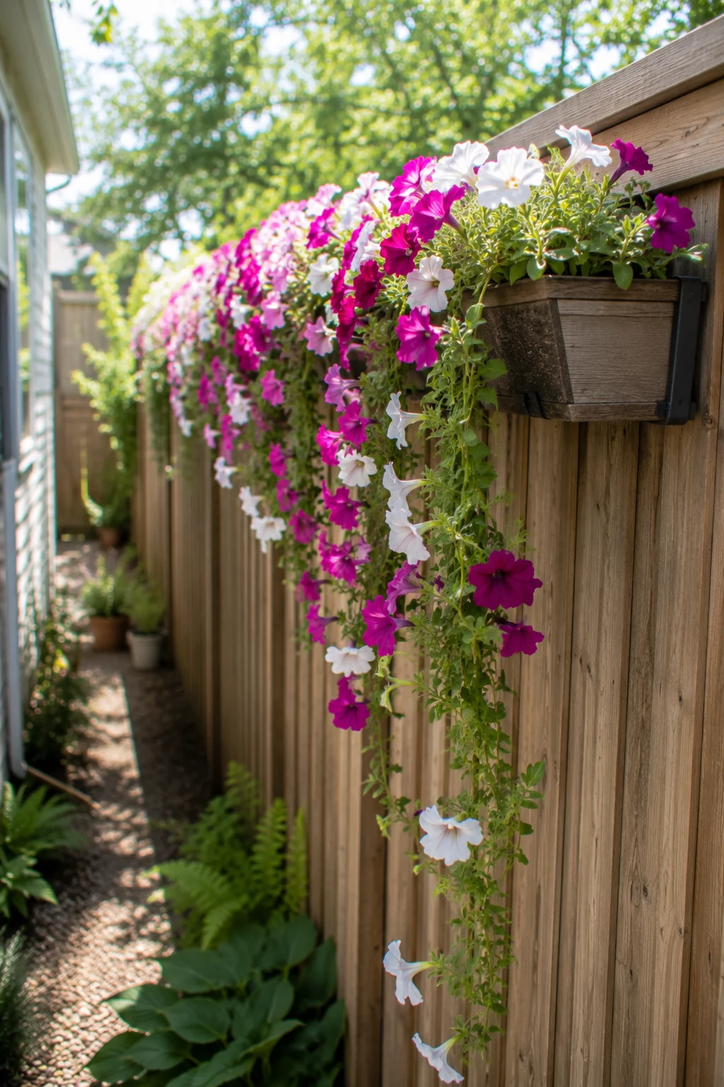 Rail-top planter mounted on a fence cap in a narrow garden
