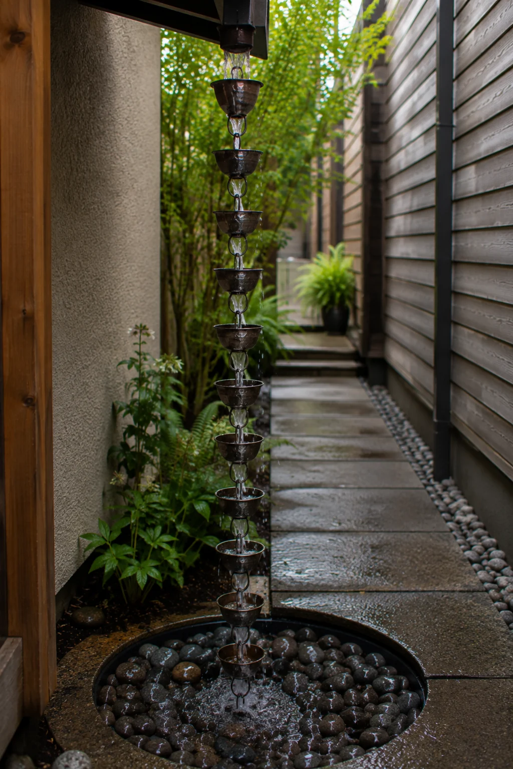 Rain chain water feature installed in a narrow garden passage