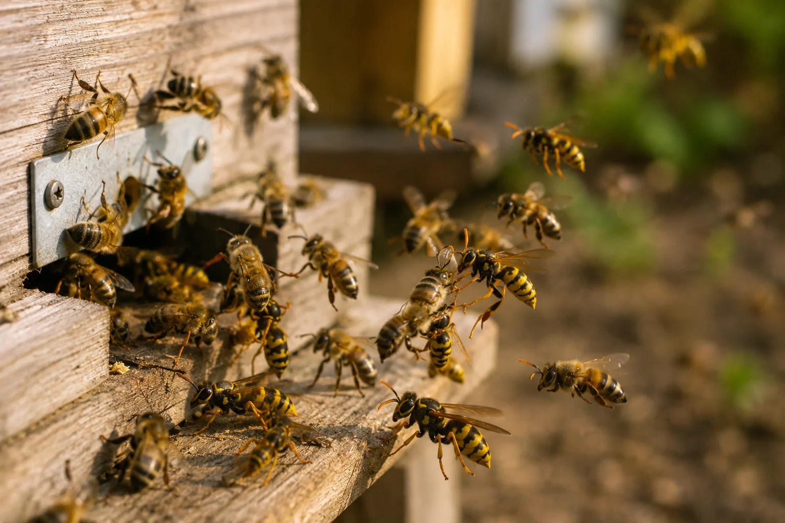 robbing bees fighting at hive entrance late summer