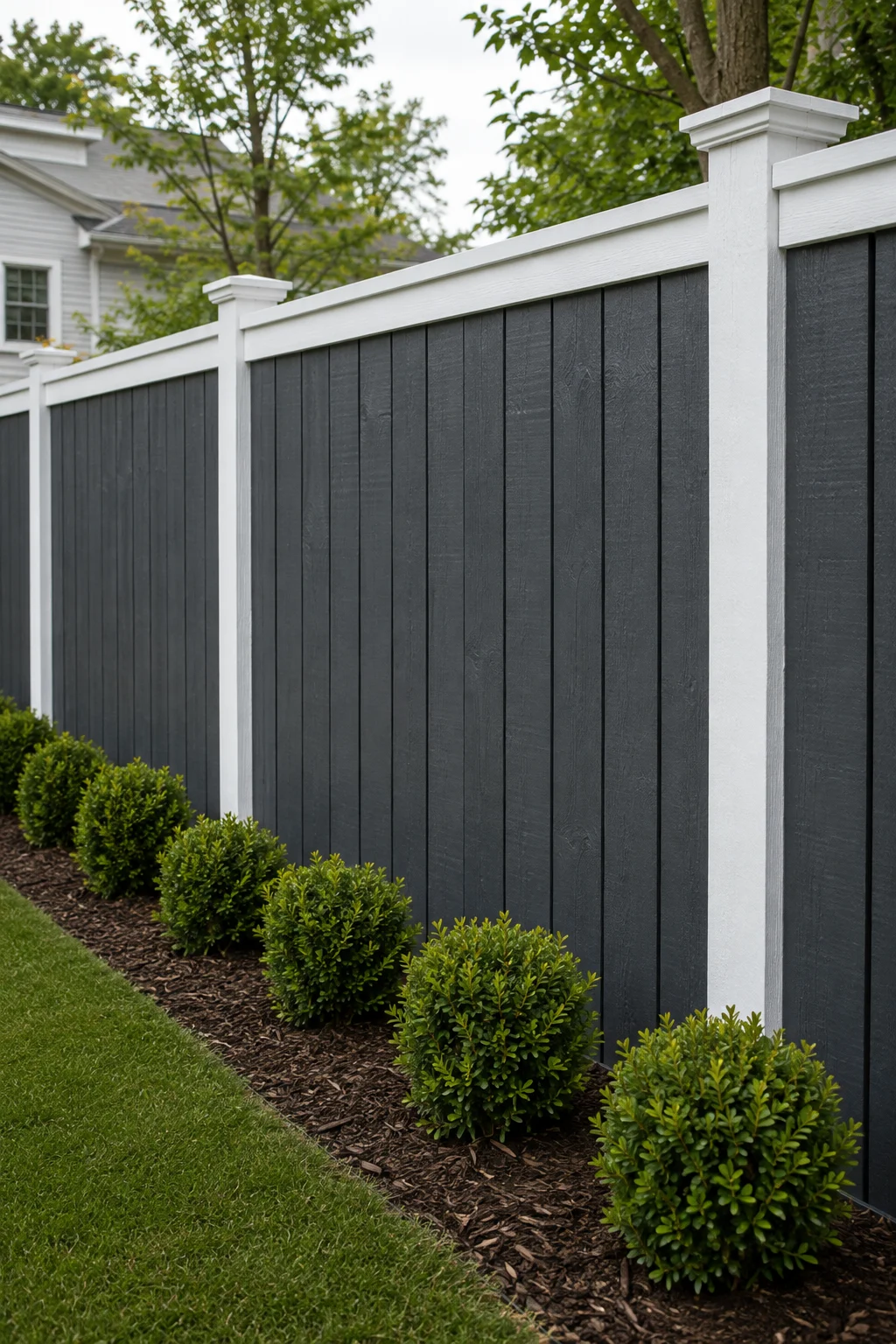 Two-tone gray and white fence with contrasting trim in a backyard