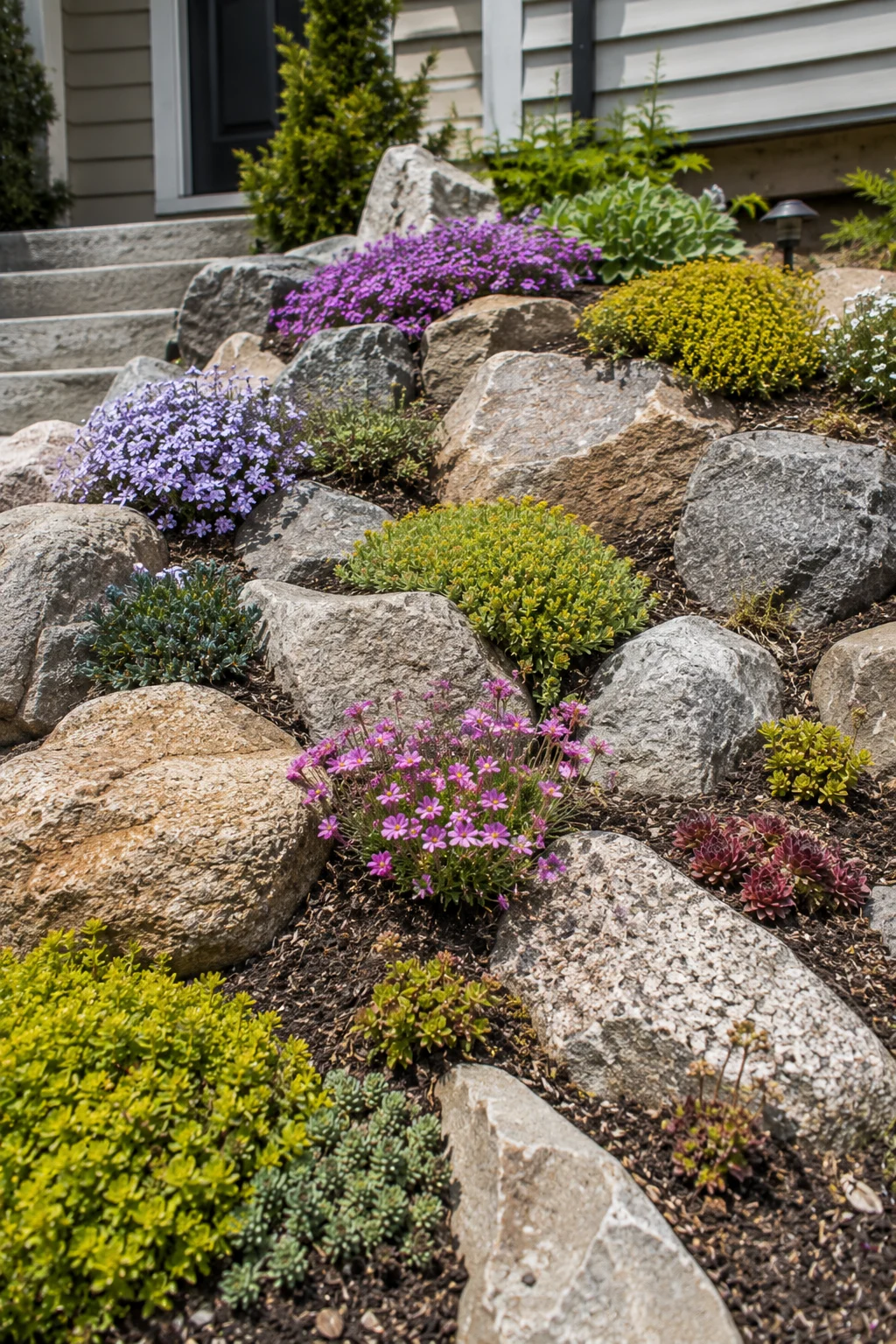 Rock garden accent planting in a low maintenance front yard