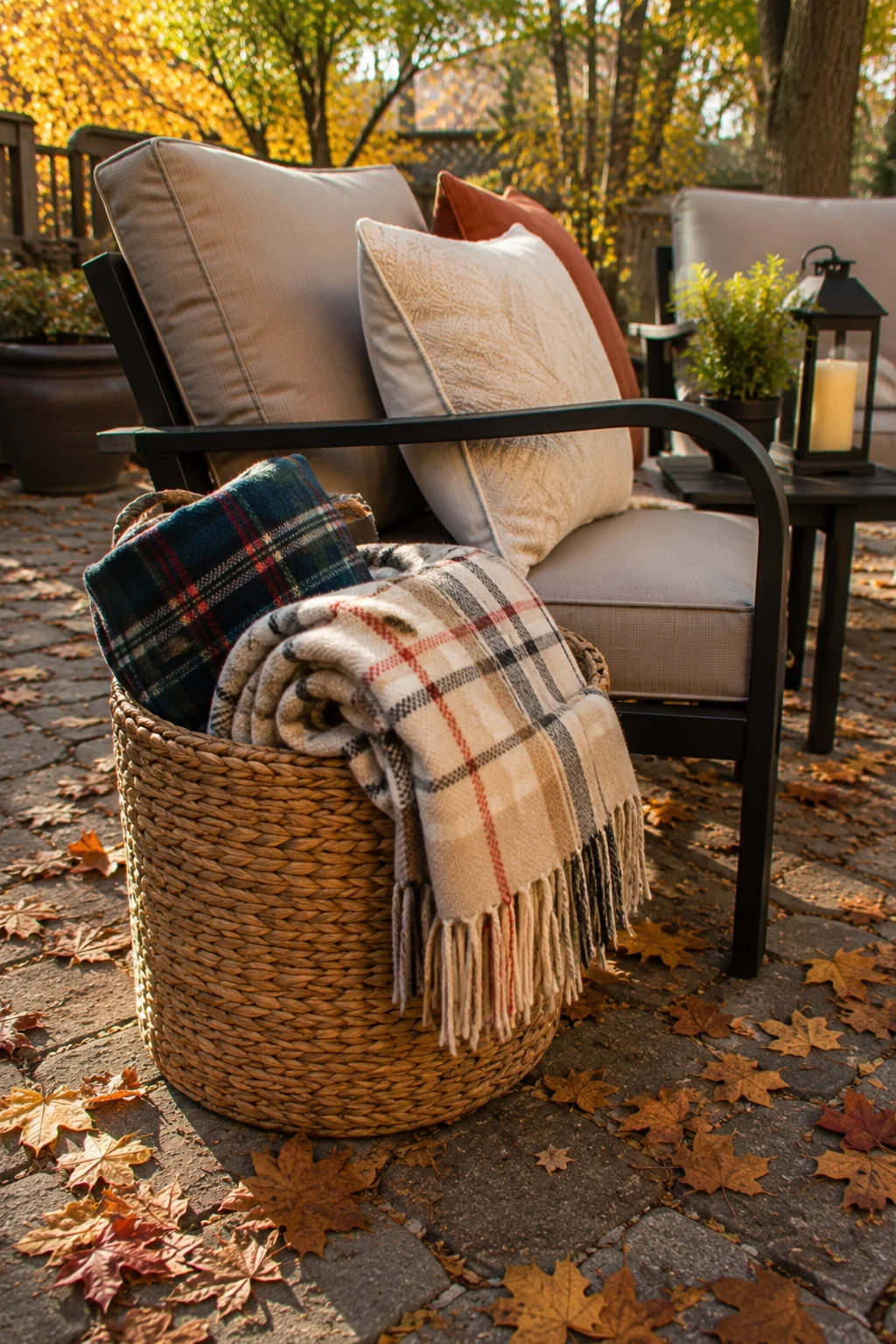 Blanket basket seating nook for cool fall evenings