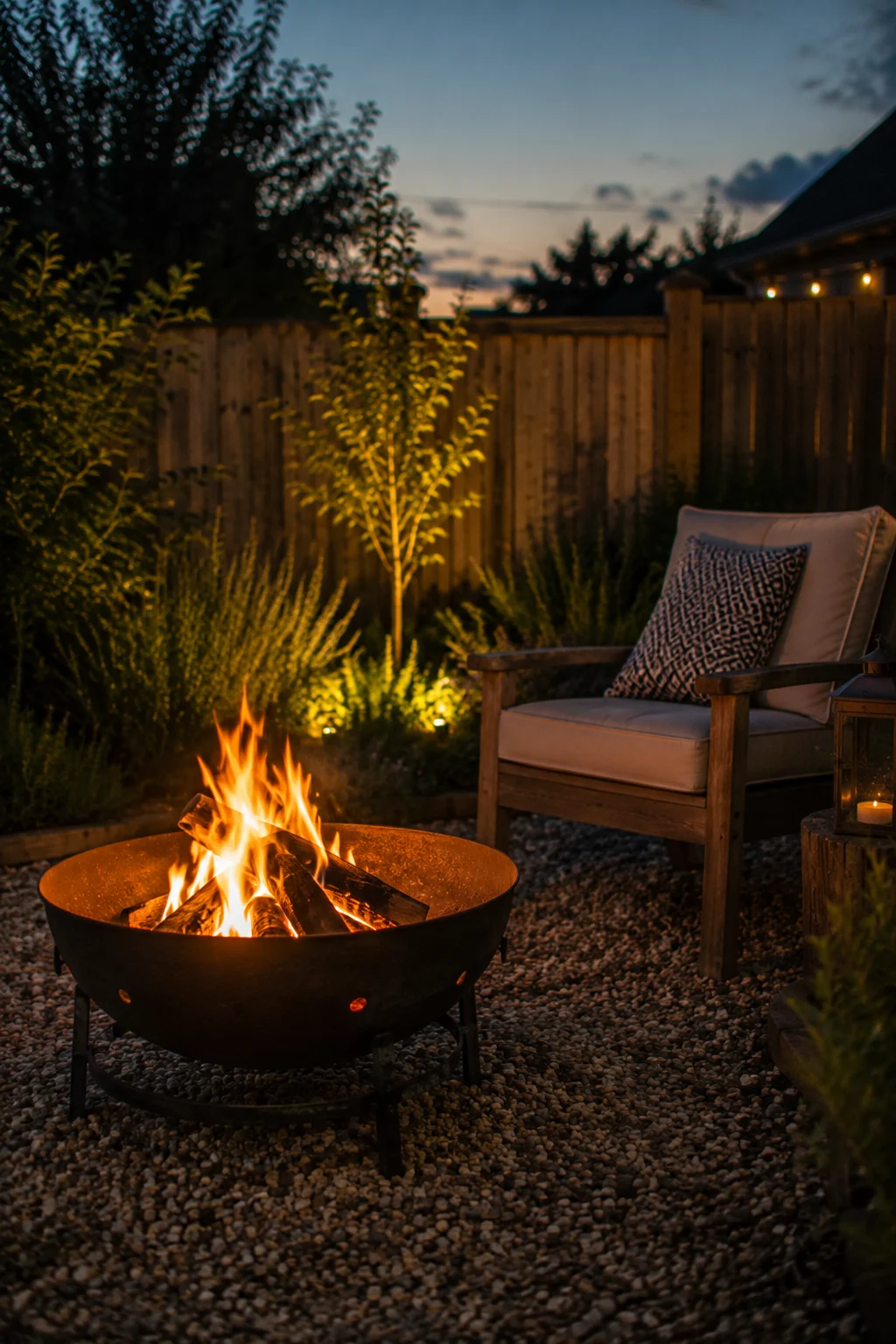Portable fire bowl providing evening glow in a backyard retreat