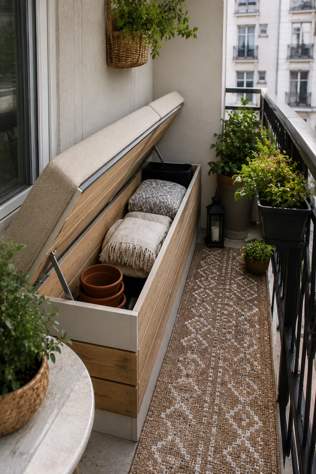 built in storage bench balcony garden idea