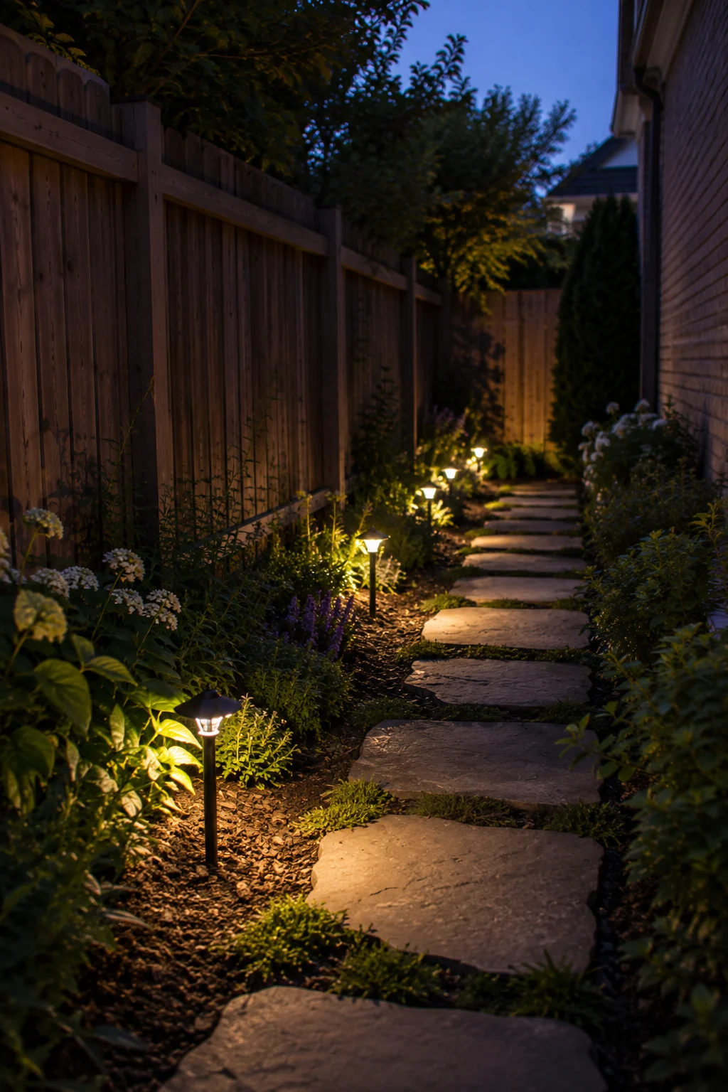 Low-voltage lighting runner along a narrow garden path