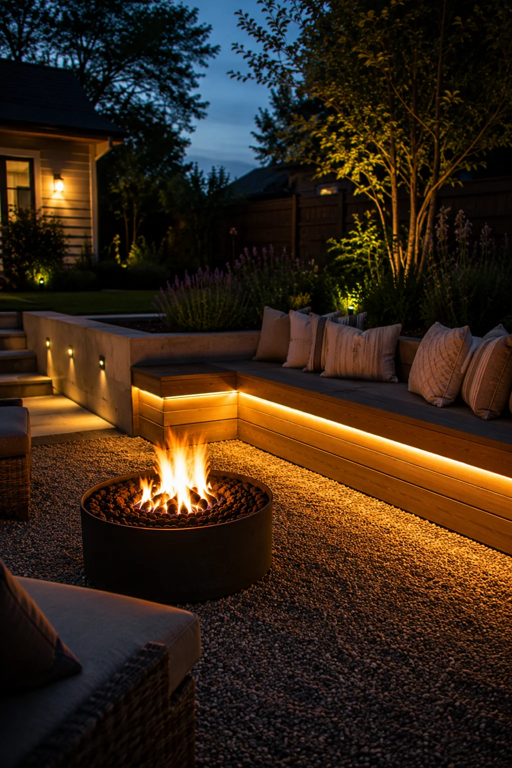 integrated lighting bench fire pit seating idea