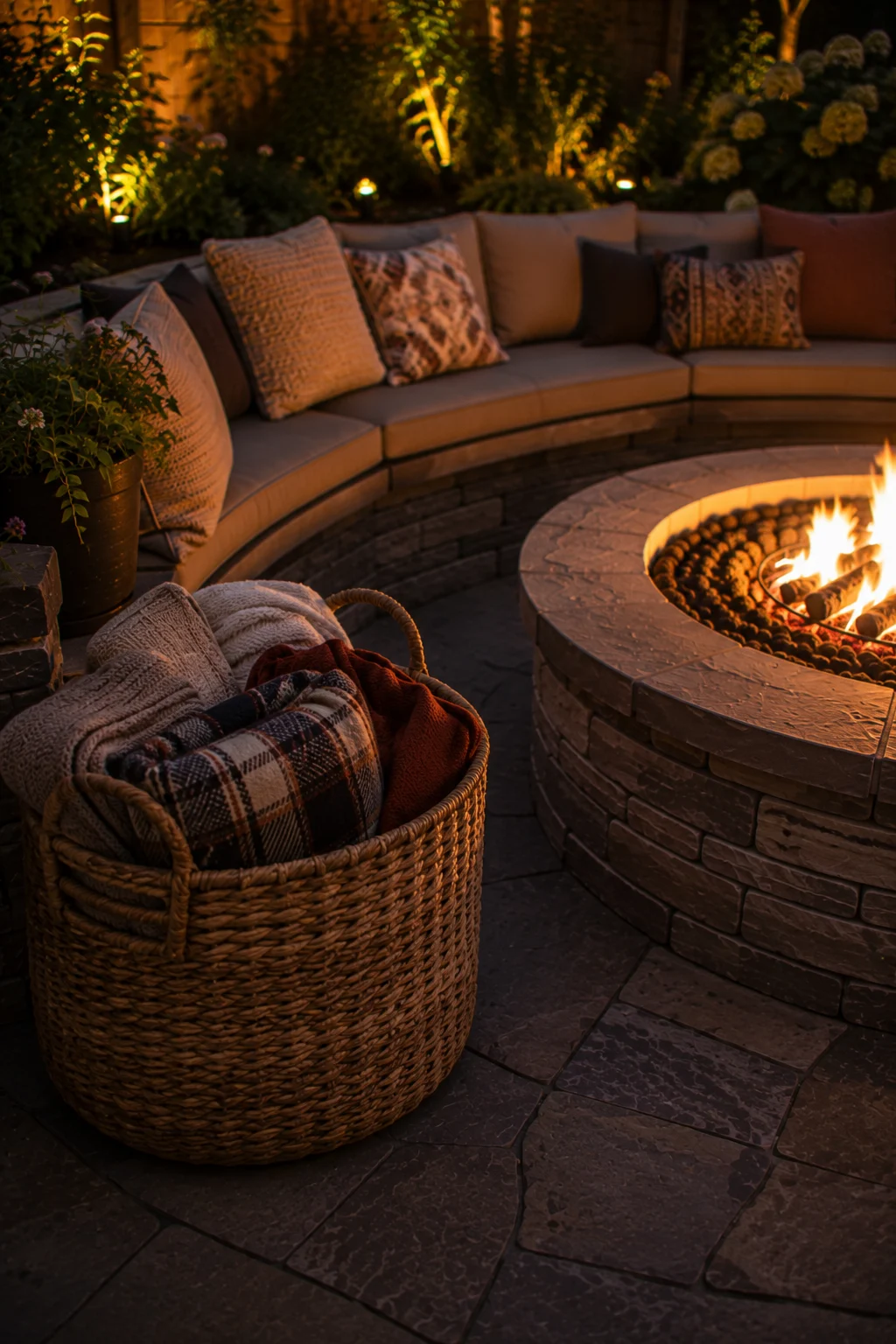 blanket storage basket fire pit seating idea