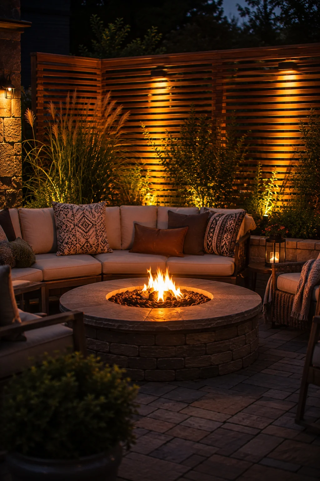 wind blocking screen fire pit seating idea