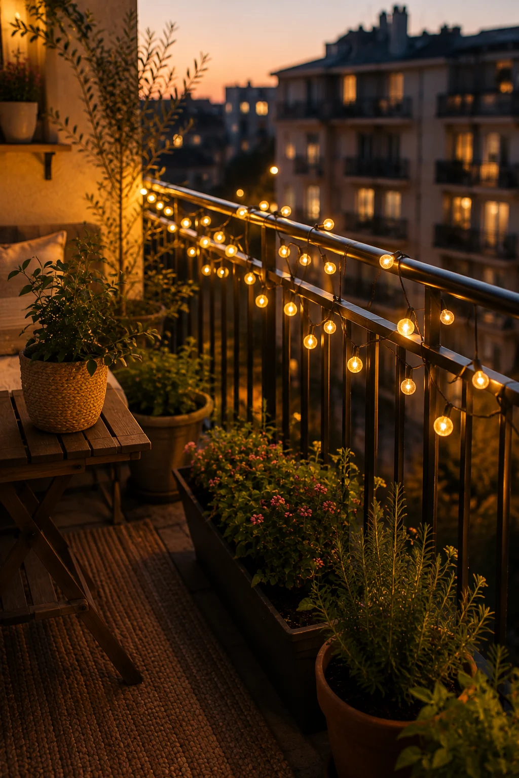 string lights balcony garden idea