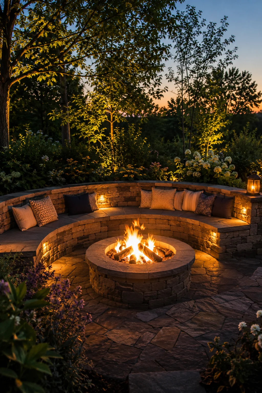 built in stone bench fire pit seating idea
