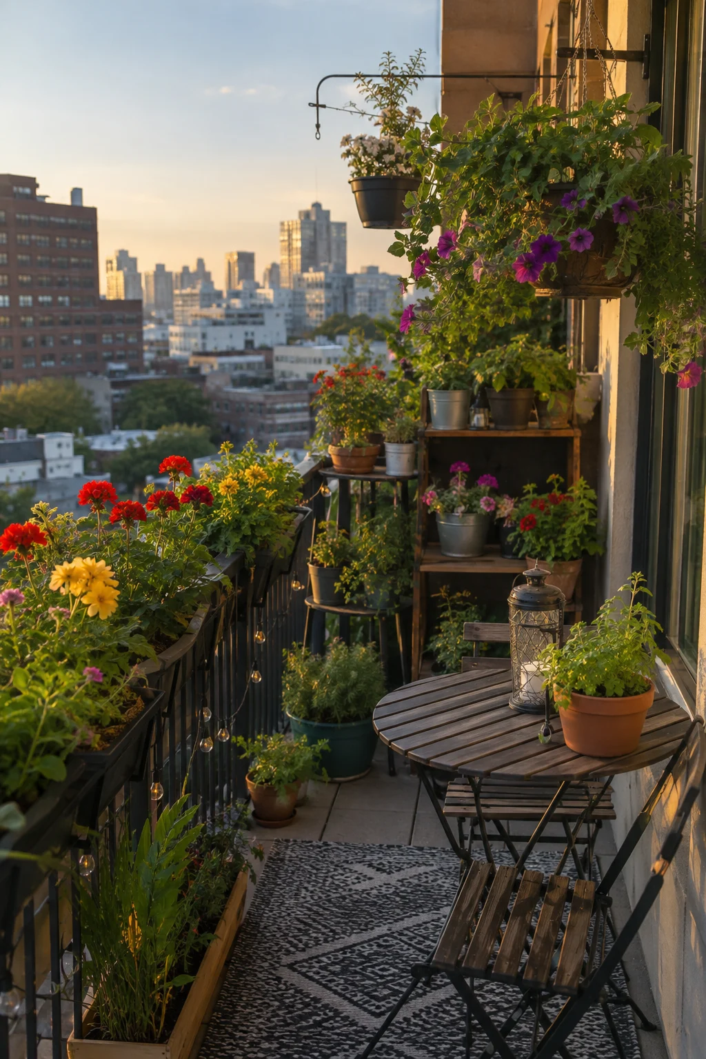 small balcony garden idea with railing planters and bistro table