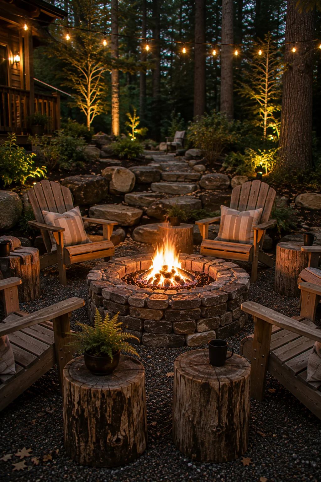 rustic log cabin style fire pit seating idea