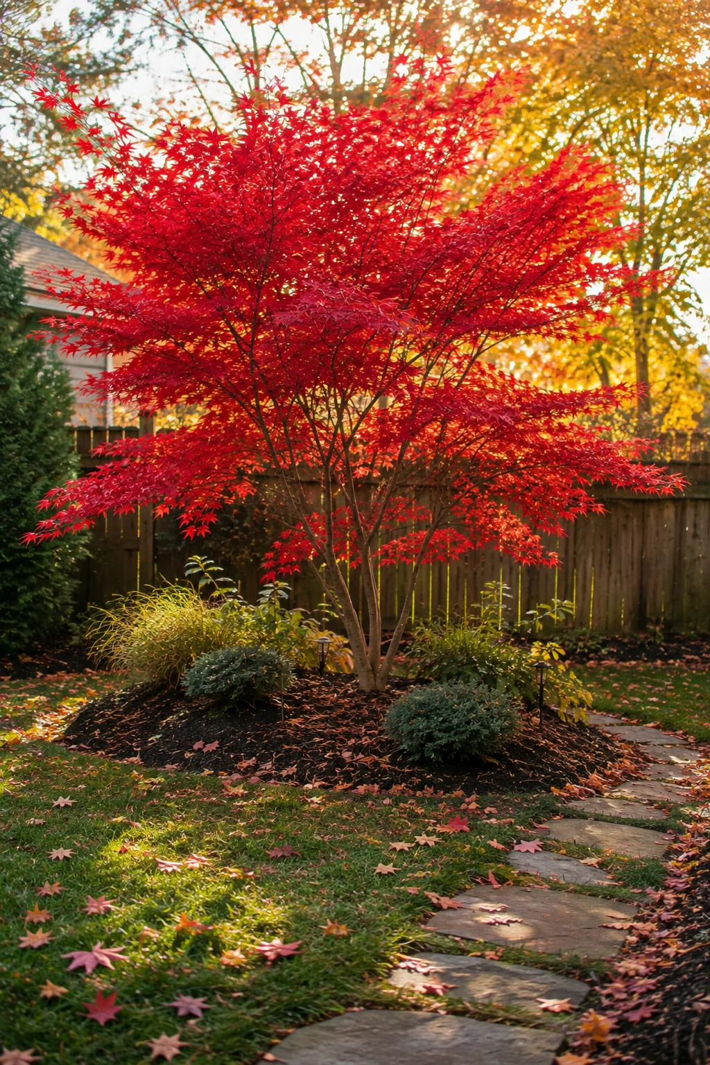 Japanese maple with red fall foliage in a backyard garden