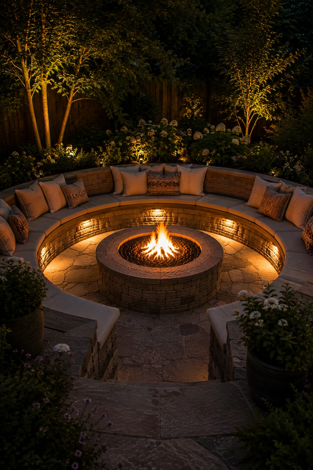 curved built in bench circular fire pit idea