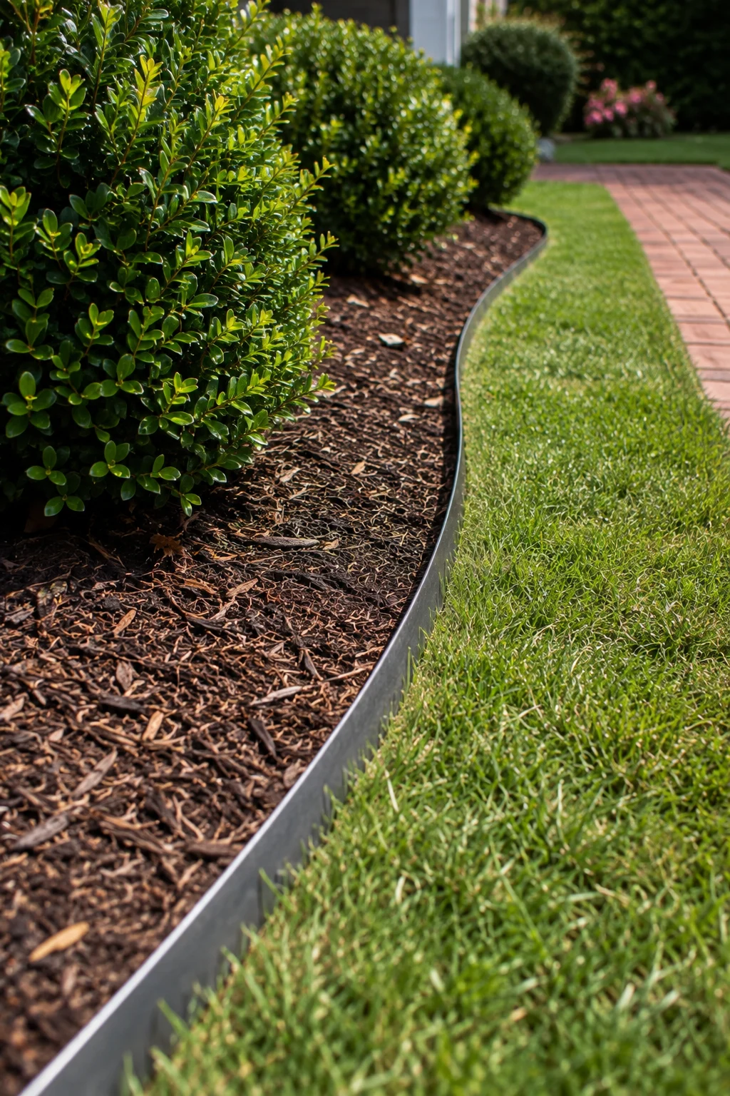 Defined steel bed edging separating lawn from a front yard bed