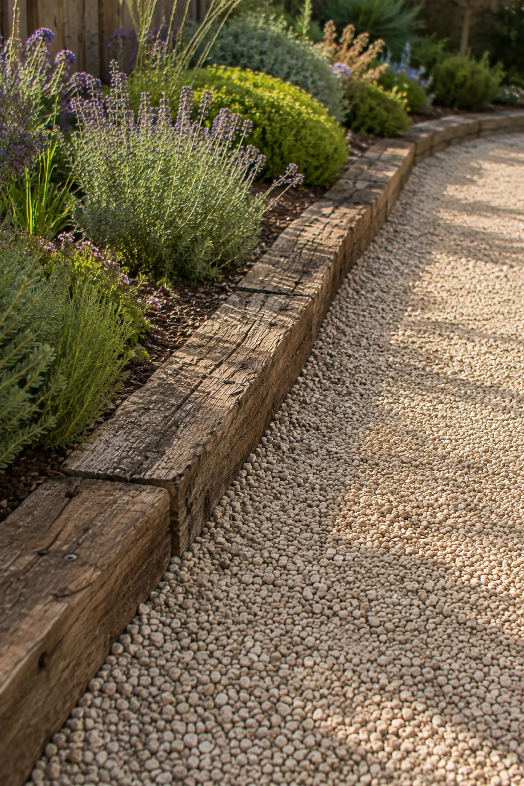 timber sleeper edging gravel path idea