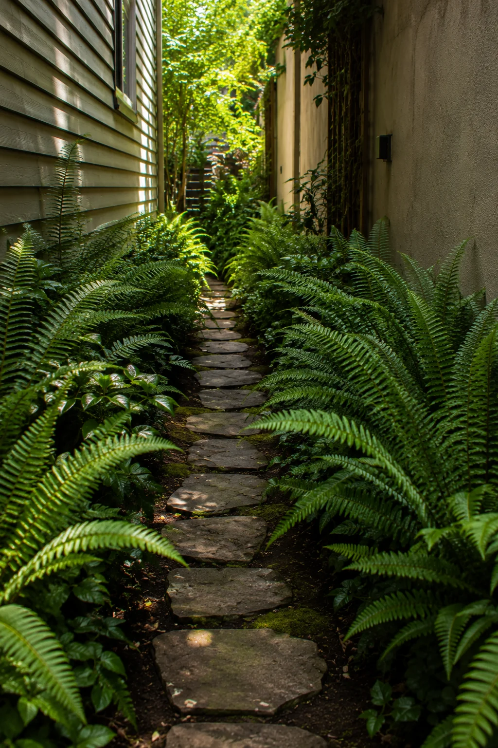 Shaded fern tunnel planted in a narrow garden passage