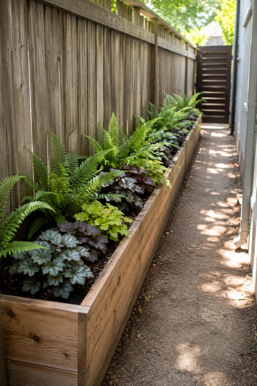 Narrow raised planter box built against a side yard fence